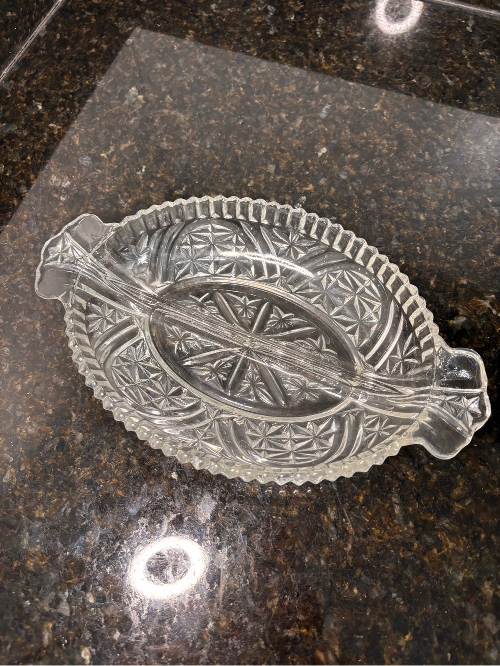 Oval Clear Pressed Cut Glass Divided Serving Dish